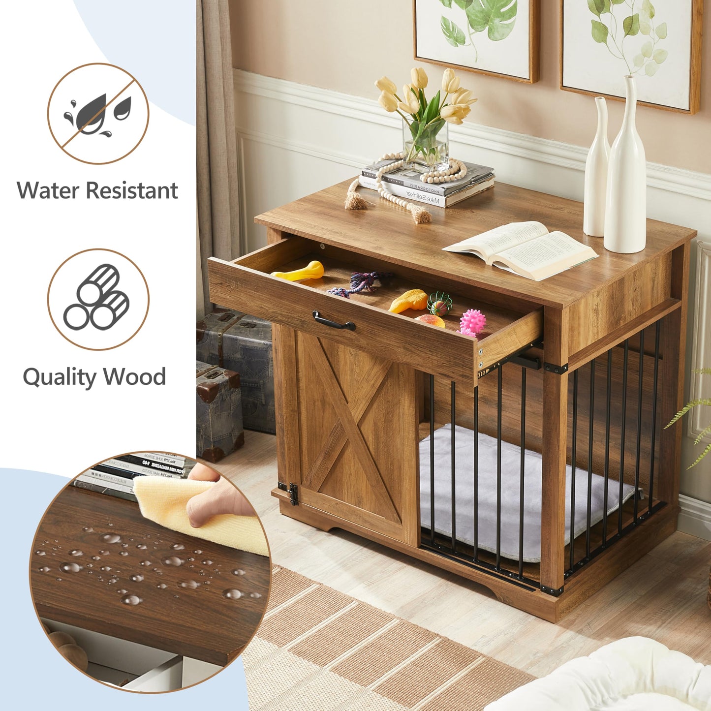 KACVON 37.8" Dog Crate Furniture - Indoor Wooden Dog Kennel Furniture with Sliding Barn Door and Storage Drawer, Rustic Oak - WoodArtSupply