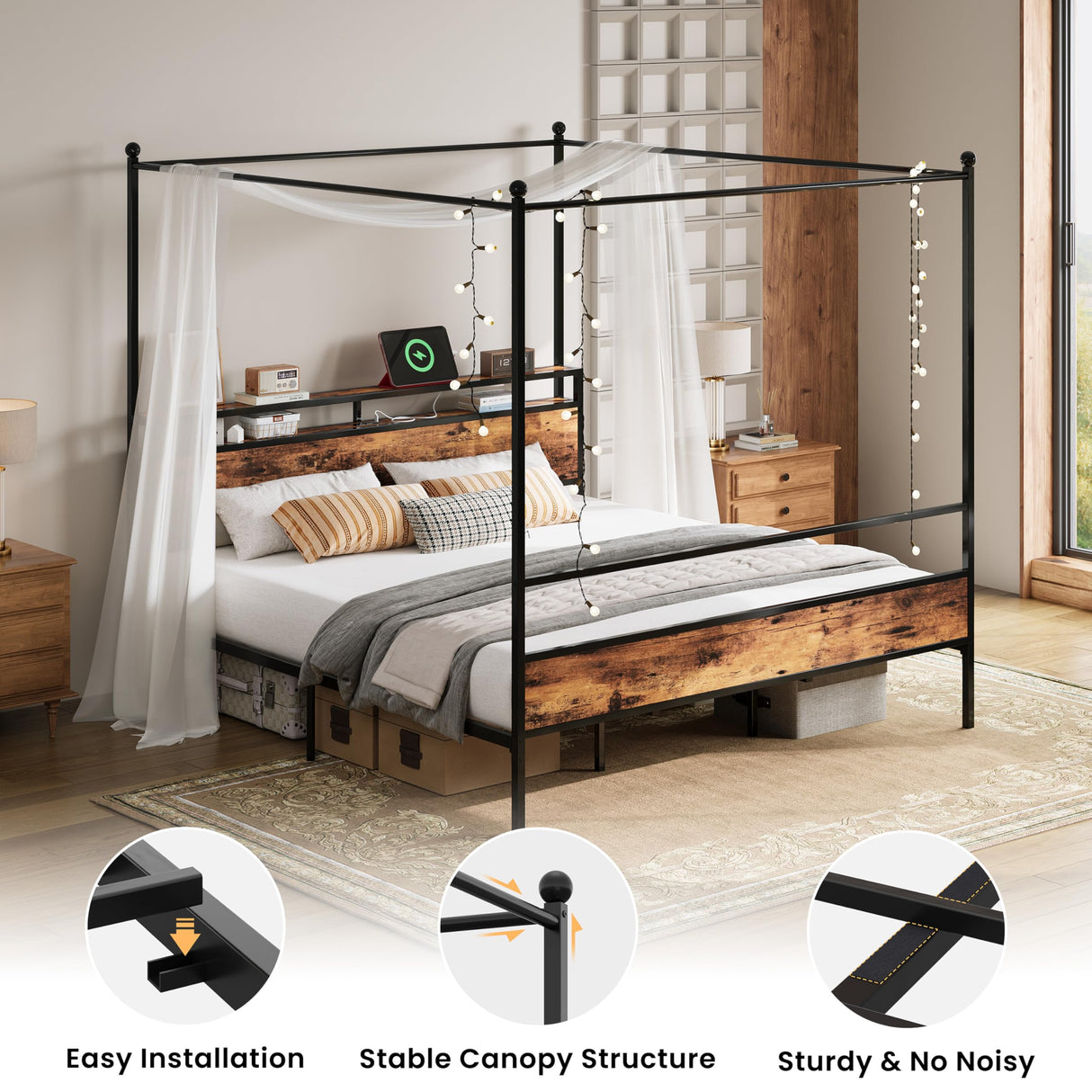LIKIMIO Canopy Bed Frame King with Storage Headboard & Charging Station, Sturdy Metal Platform Bed with 4 Removable Posts, Dual Purpose Bed Frame, No Box Spring Needed, Noise Free LIKIMIO