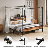 LIKIMIO Canopy Bed Frame King with Storage Headboard & Charging Station, Sturdy Metal Platform Bed with 4 Removable Posts, Dual Purpose Bed Frame, No Box Spring Needed, Noise Free LIKIMIO