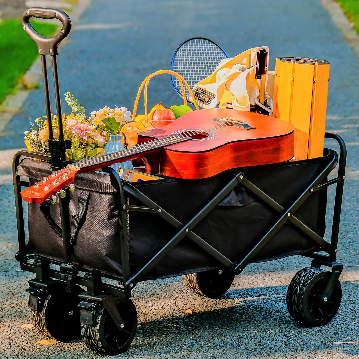 welsteepse Collapsible Foldable Wagon, Heavy Duty Folding Utility Garden Cart Wagon for Sports, Camping, Garden, and Shopping, Black - WoodArtSupply