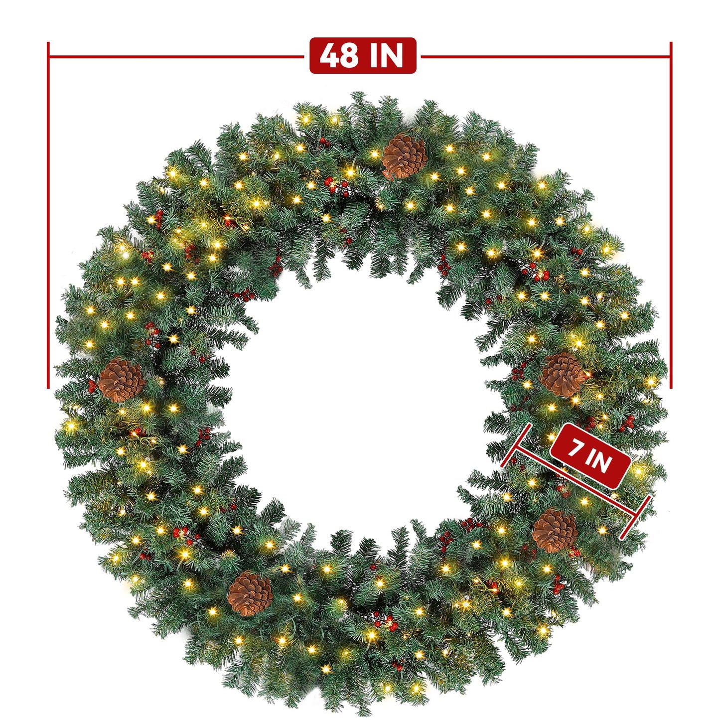 Prelit Christmas Wreath 48 Inches Large Outdoor Christmas Wreath 162 Warm White LED Lights, Artificial Lighted Christmas Wreath Winter Wreath with 460 PVC Tips Vivid Pine Cones and Berry Clusters