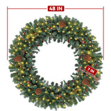 Prelit Christmas Wreath 48 Inches Large Outdoor Christmas Wreath 162 Warm White LED Lights, Artificial Lighted Christmas Wreath Winter Wreath with 460 PVC Tips Vivid Pine Cones and Berry Clusters Abbrevi