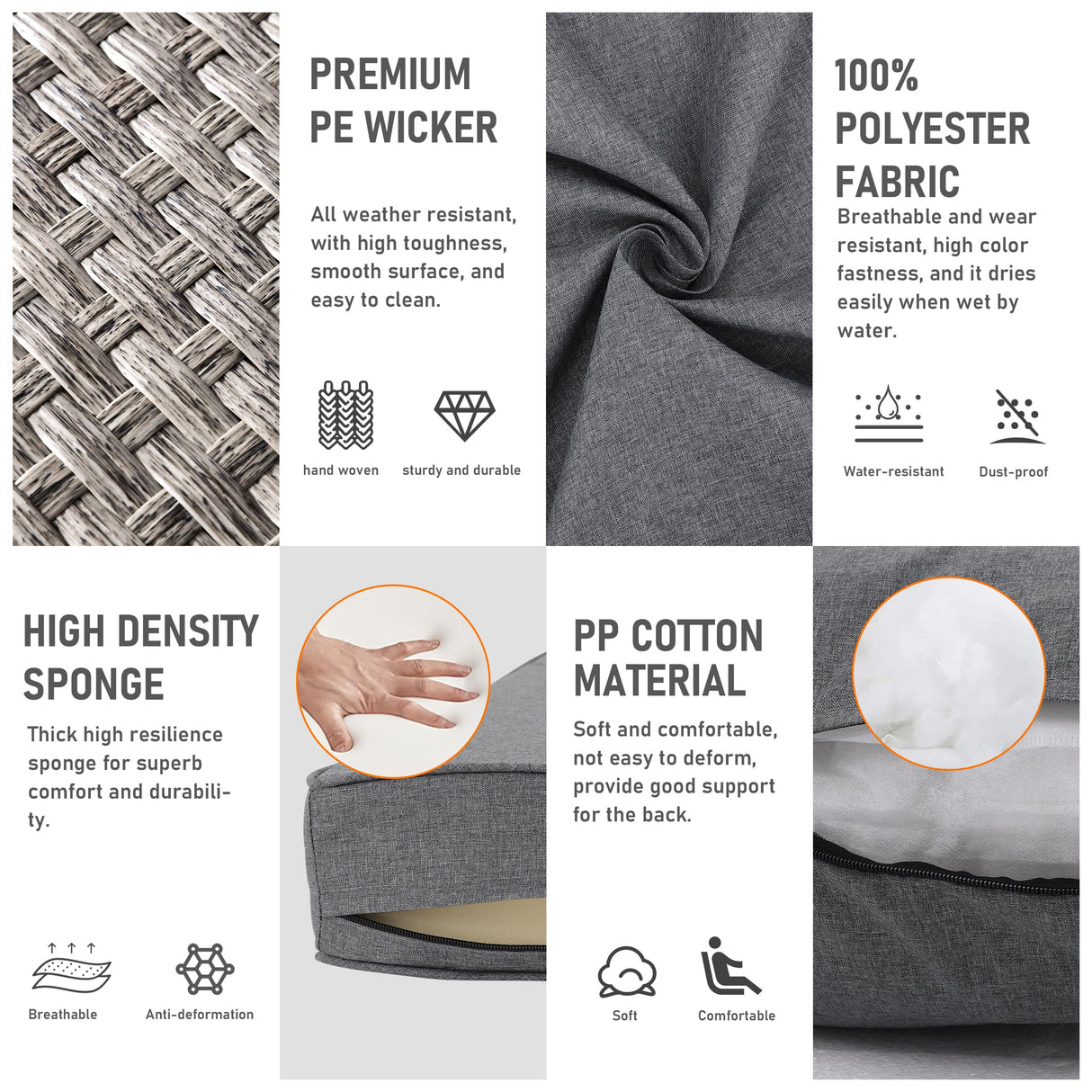 WAROOM Patio Furniture Set 6 Piece Outdoor Patio Set Grey Wicker Balcony Furniture Conversation Sets PE Rattan Couch Sofa with Coffee Table, Grey Cushion WAROOM