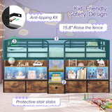 busyaeh Twin Loft Bed for Kids with 5 Drawers & 6 Bookcase and LED Light，Low Loft Bed with 15.8" H Safety Guardrail and Charging Station，Metal Kids Loft Beds with Under-Bed Play Space,Vintage Brown busyaeh