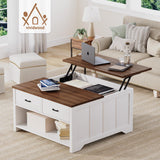 Vividwood Coffee Table Lift Top, Wood Tea Table with Big Open Storage, Square Coffee Tables for Living Room, Farmhouse Coffe Tables Rustic Center Table with 2 Drawers, Coffe White Vividwood