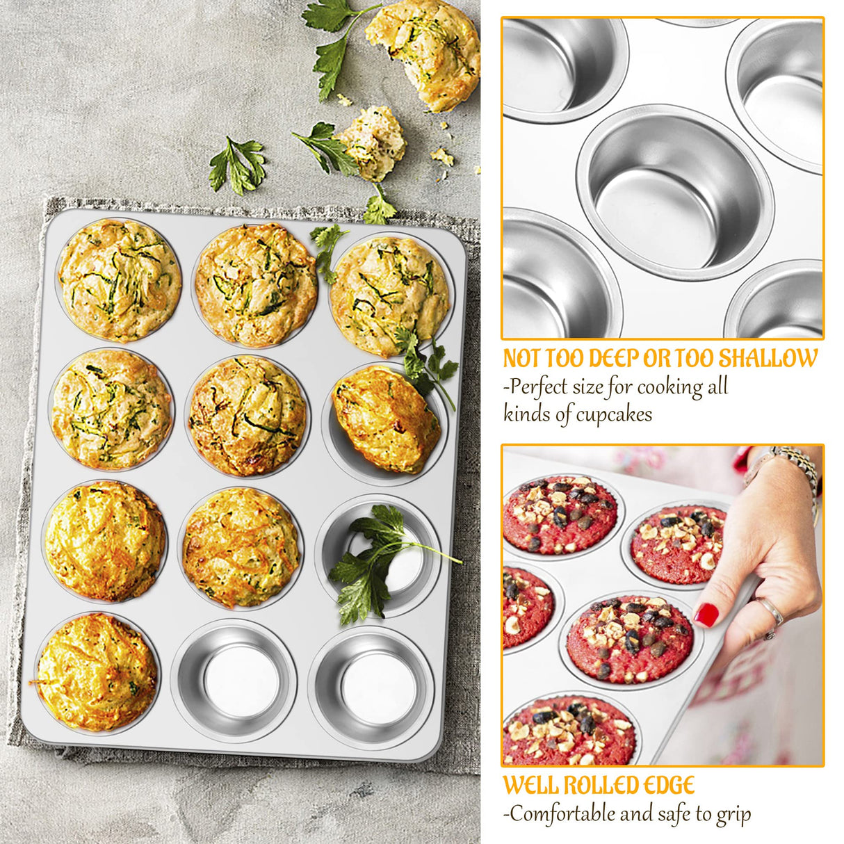 E-far Muffin Pan 12-Cup, Set of 2, Stainless Steel Cupcake Pan Metal Muffin Baking Tins for Oven, Regular Size & Easy Clean, Non-toxic & Dishwasher Safe-2 Pack E-far