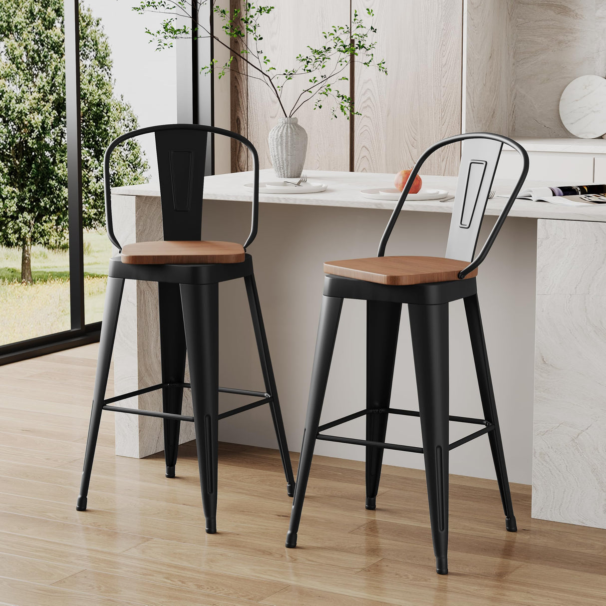 Aklaus Swivel Metal Bar Stools 24 inch Swivel Counter Height Barstools Set of 2 Modern Farmhouse Bar Chairs with High Backs and Large Wooden Seat for Kitchen Island Dining Room Matte Black Aklaus