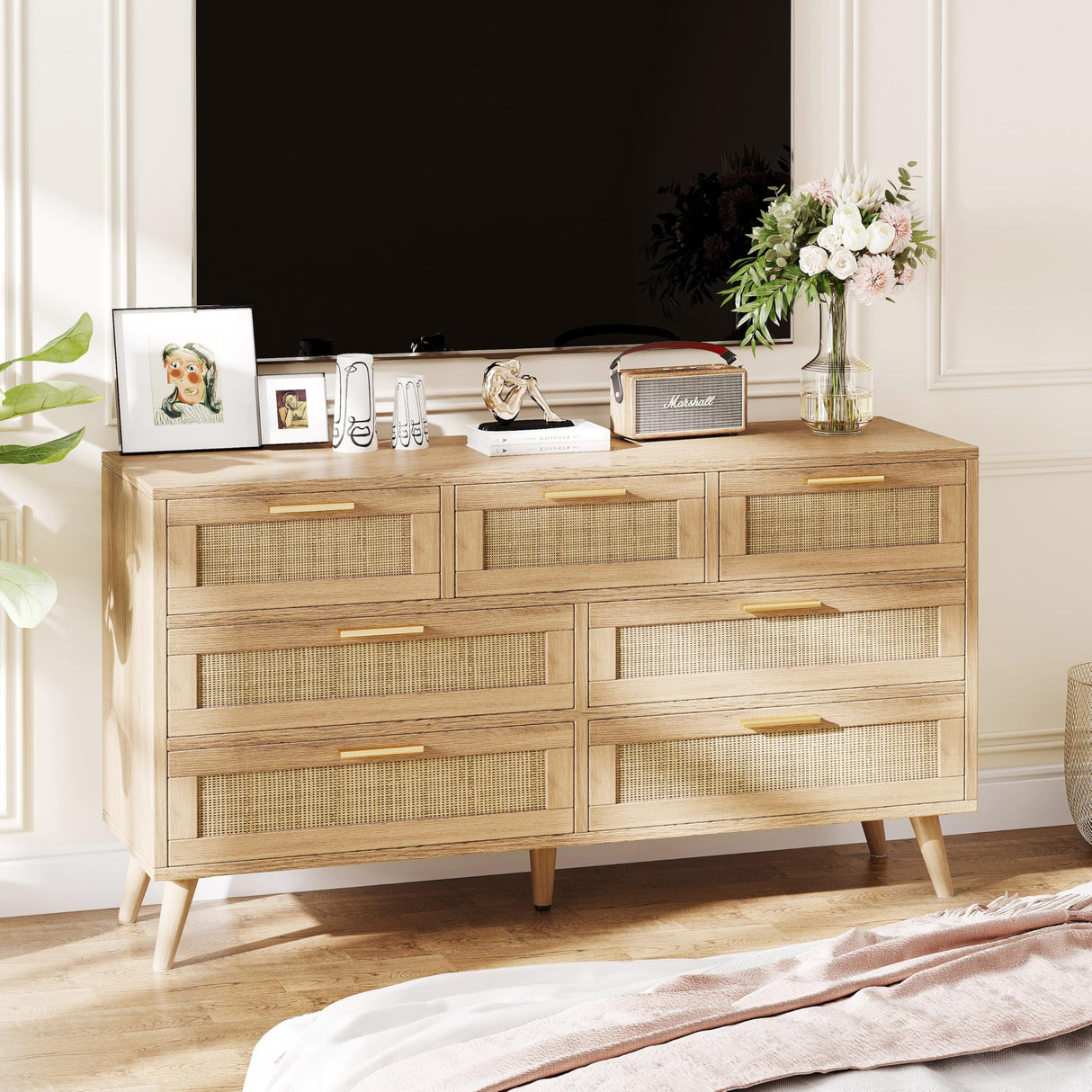 Rovaurx 7 Drawer Double Dresser for Bedroom, Rattan Chest of Dressers, Modern Wooden Dresser Chest with Golden Handles, Beside Table for Closet, Living Room and Entryway, Natural RDG004M Rovaurx
