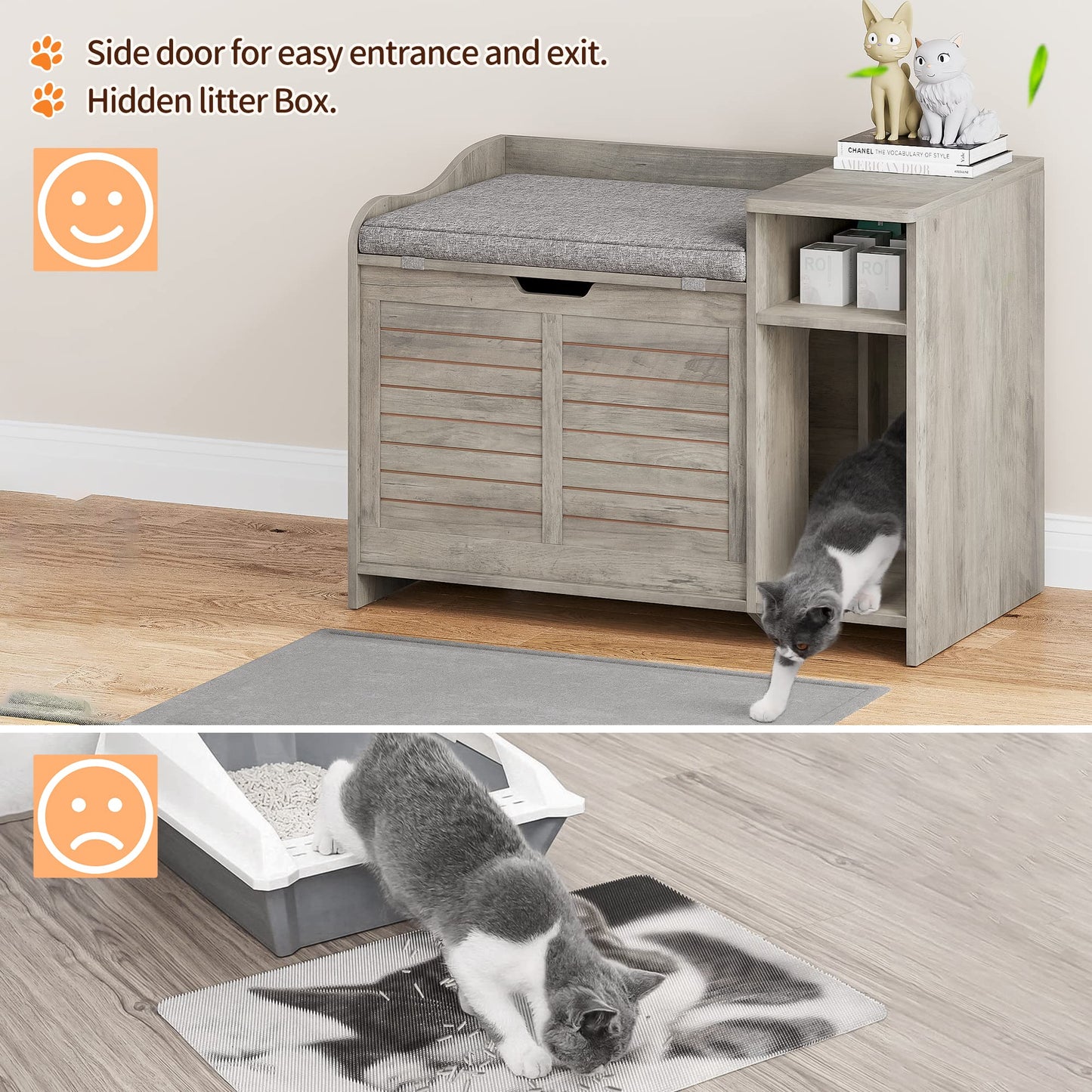 TROPOW Cat Litter Box Enclosure Furniture with Top Opening and Cushion, Hidden Litter Box Cabinet with Storage, Privacy Cat Box Enclosure, Grey