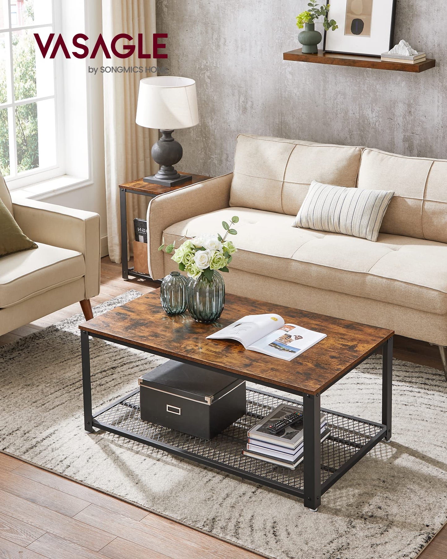 VASAGLE Coffee Table for Living Room, 2-Tier Cocktail Table, Center Table with Mesh Shelf, Steel Frame, Adjustable Feet, Industrial Style, Rustic Brown and Black ULCT61X - WoodArtSupply