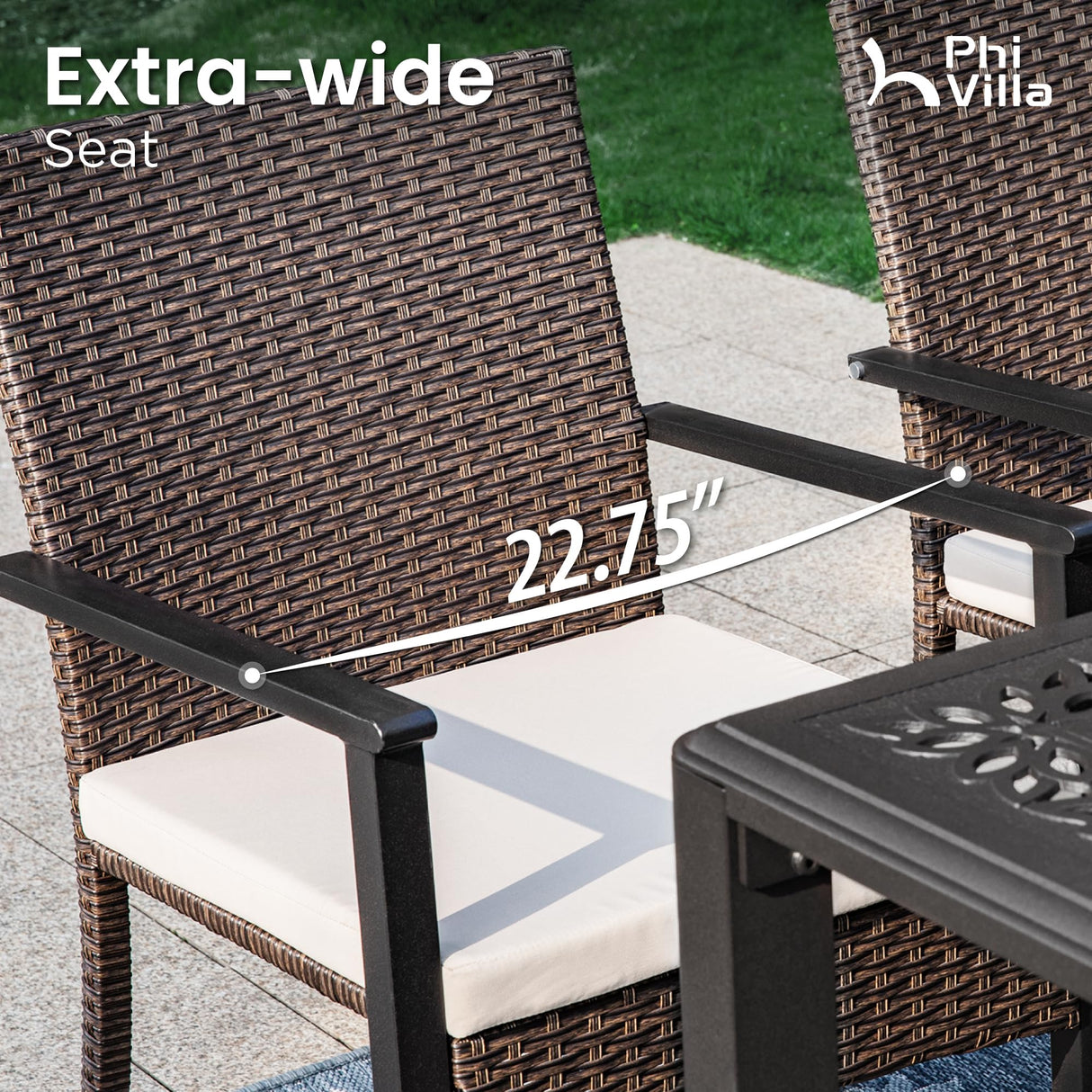 PHI VILLA 7 Pieces Expandable Cast Aluminum Outdoor Dining Set for 6, Extendable Metal Table with Umbrella Hole & Cushioned Wicker Chairs, Dining Furniture Set for Patio, Deck, Yard and Porch PHI VILLA