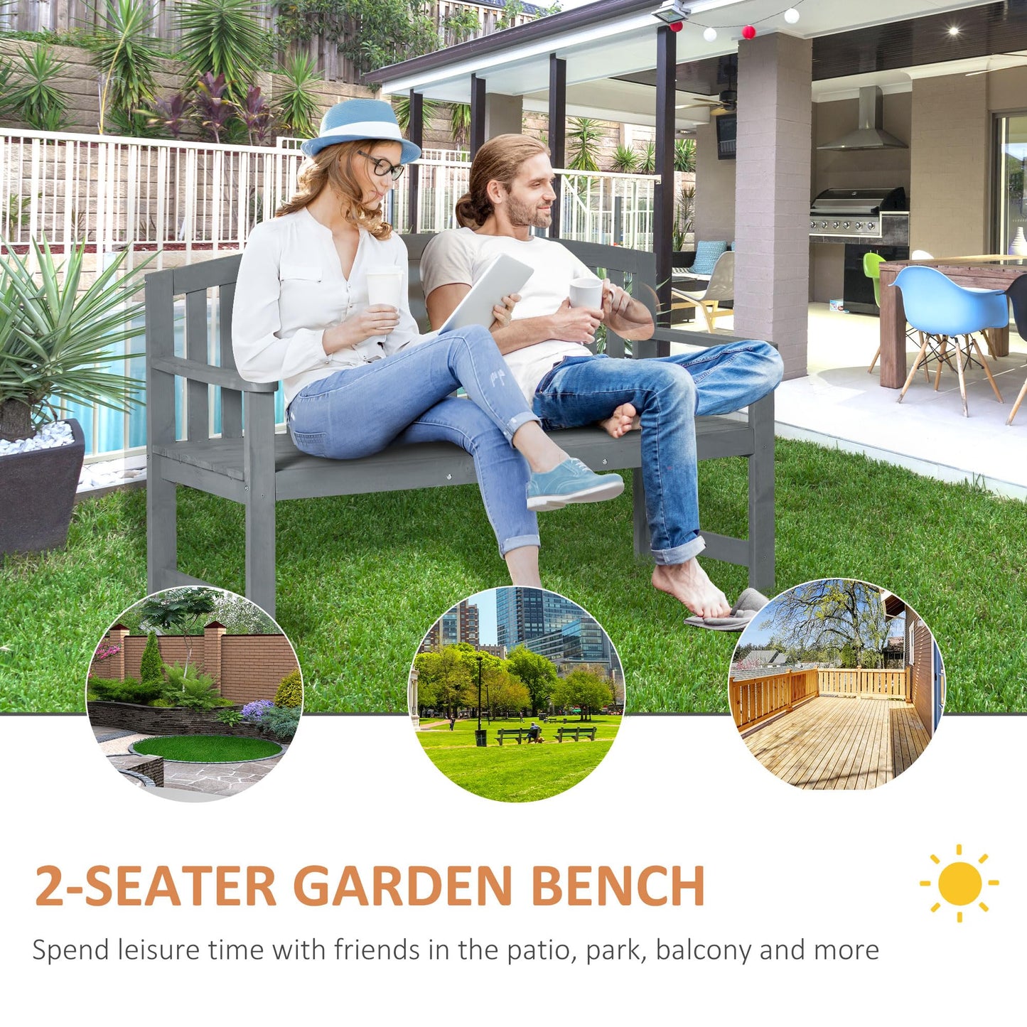 Outsunny 56" Grey Wooden Two-Seater Garden Bench with Backrest and Armrests - WoodArtSupply