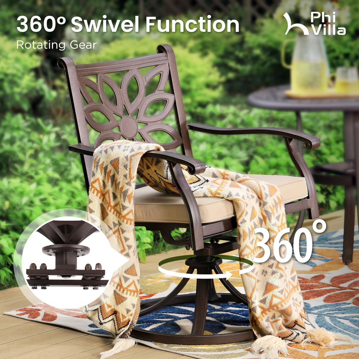 PHI VILLA Cast Aluminum Patio Dining Set for 6 Person, 7 Piece Outdoor Patio Set with 64" x 37" Cast-Top Aluminum Table(2.3" Umbrella Hole), 4 Dining Chairs and 2 Swivel Rockers with Seat Cushions PHI VILLA