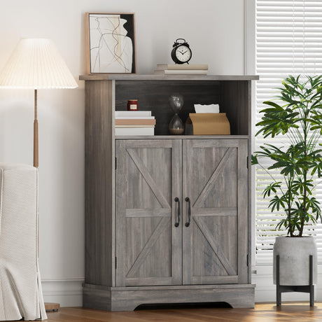Smuxee Farmhouse Freestanding Cabinet Organizer with Barn Door and Adjustable Shelf, Wash Grey, for Bathroom, Kitchen, Living Room Smuxee