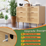 Greenvelly 6 Drawer Double Dresser for Bedroom, Modern Rattan 6 Drawer Dresser with Golden Handles, Wooden Storage Chest of Drawers for Bedroom, Living Room, Hallway Greenvelly