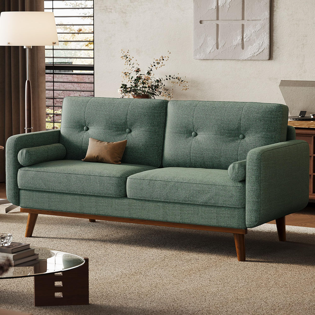 Garvee 65 in Mid Century Modern Loveseat Sofa for Small Spaces, 2 Seater Linen Upholstered Couch with Button Tufted Design & Wood Legs, Small Couch for Living Room, Bedroom, Office, Apartment, Green Garvee