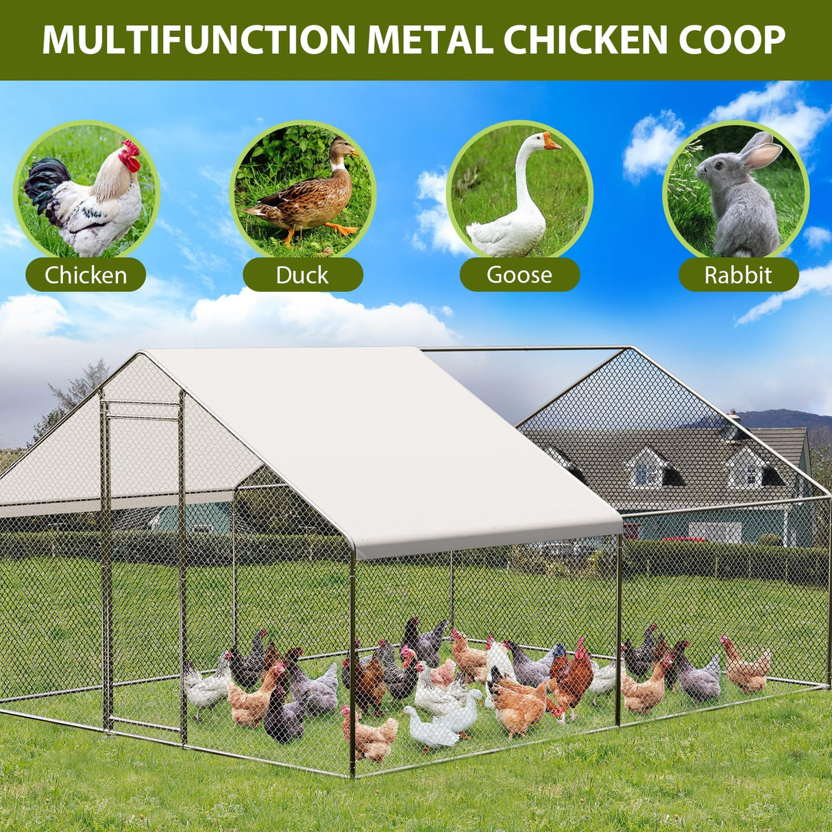 Large Metal Chicken Coop, 13.1 Ft Large Chicken Runs for Yard with Cover, Spire Roof Metal Chicken Coop with Lock for Outdoor, Backyard, Farm, Duck, Rabbit Hipicute