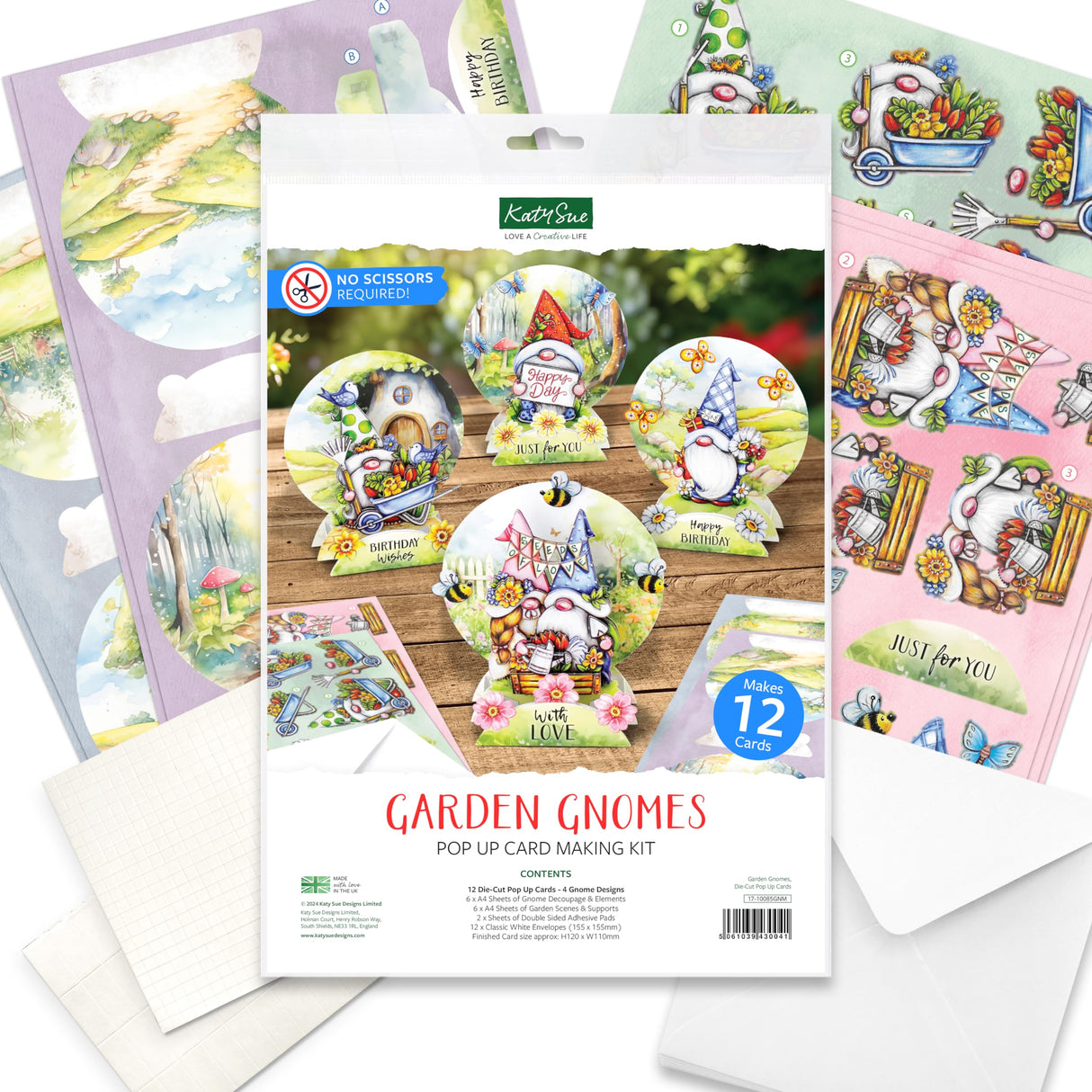Katy Sue Garden Gnomes Die-Cut Pop-Up Card Making Kit for Adults. Makes 12 Cards & Contains Gnome/Gonk Die-Cut Decoupage Paper Sheets, Supports, Envelopes & Foam Pads for Card Making Supplies Katy Sue