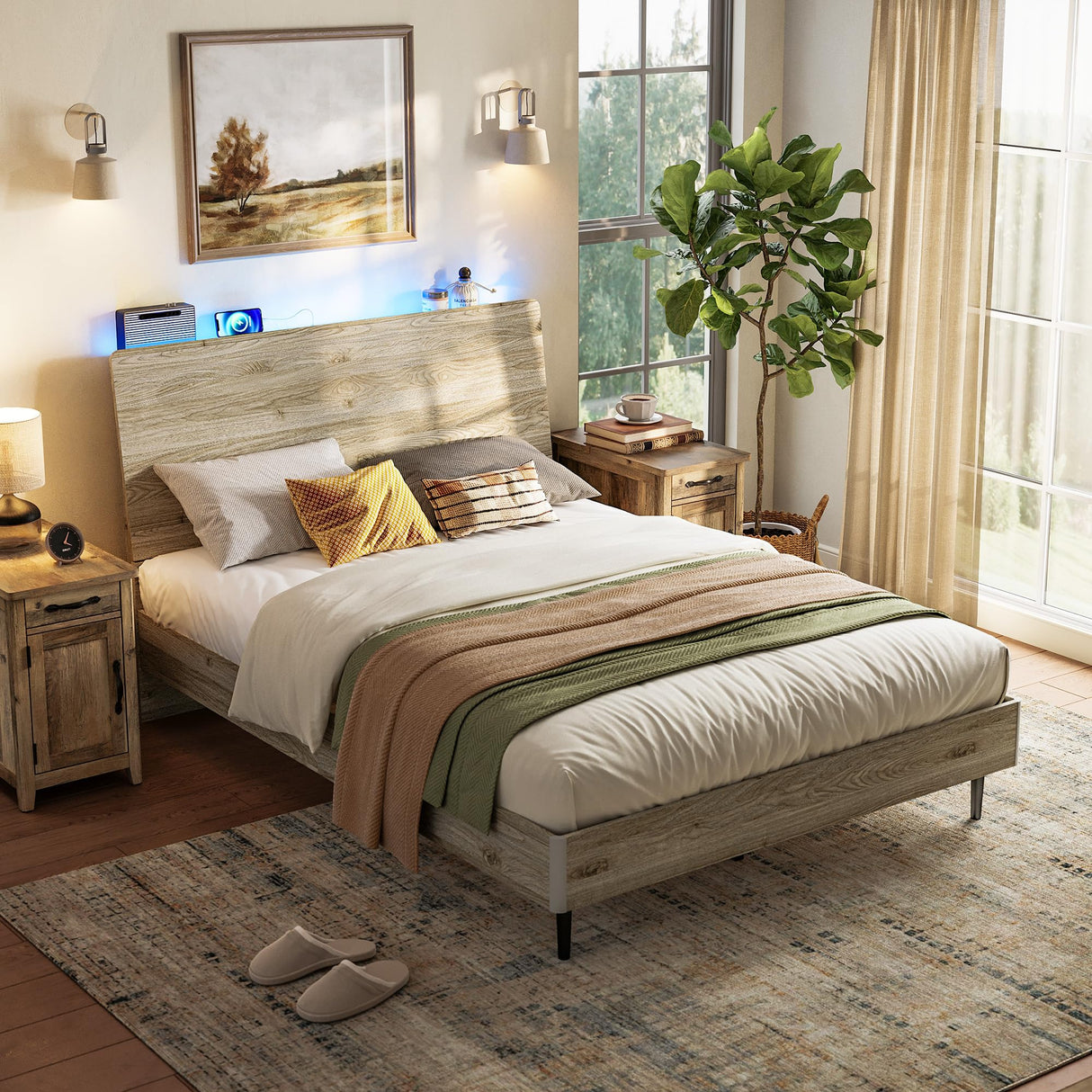 LINSY Full Size Bed Frame Wood with RGB Lights, Outlets, Charger, Farmhouse Wood Bed Frame Full with Ergonomic Headboard, Storage Shelf, Noise-Free, No Box Spring Needed - Beige LINSY