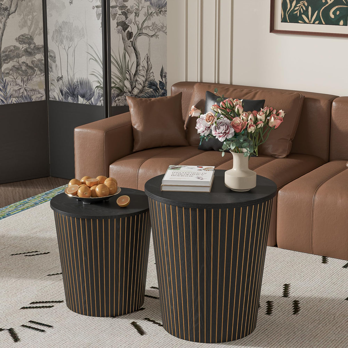 Round Coffee Table Set,2-Piece Modern Farmhouse Living Room End Table Set, Nesting Table Round Natural Finish for Living Room (Black, 17.72'') Lisicues