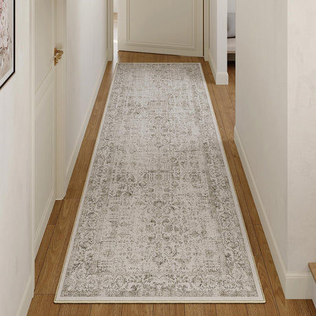 PureCozy Gray Runner Rug 2x6 Hallway Machine Washable Kitchen Vintage Distressed Non Slip Long Carpet Indoor Grey Retro Floral Bedroom Accent Throw Rug for Bathroom Office Laundry Dining Living Room PureCozy