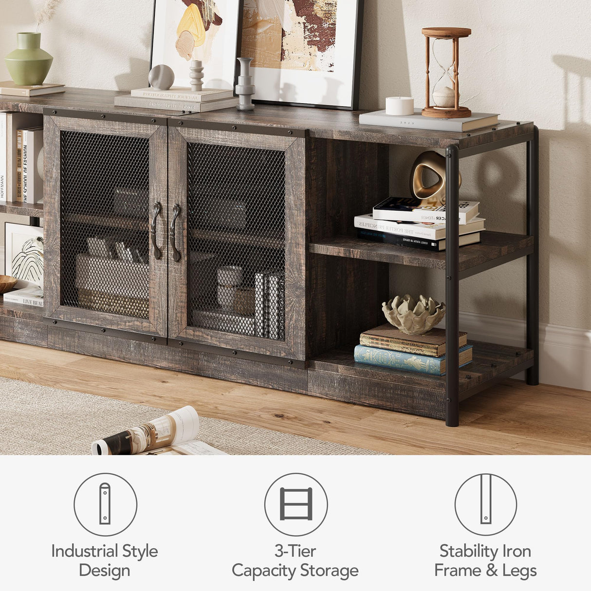 CABIHOME Farmhouse TV Stand for 65/75 inches TVs, Entertainment Center with Storage Cabinet and Mesh Doors, Industrial TV Media Console Cabinet Table, Media Furniture for Living Room, Rustic Oak CABIHOME
