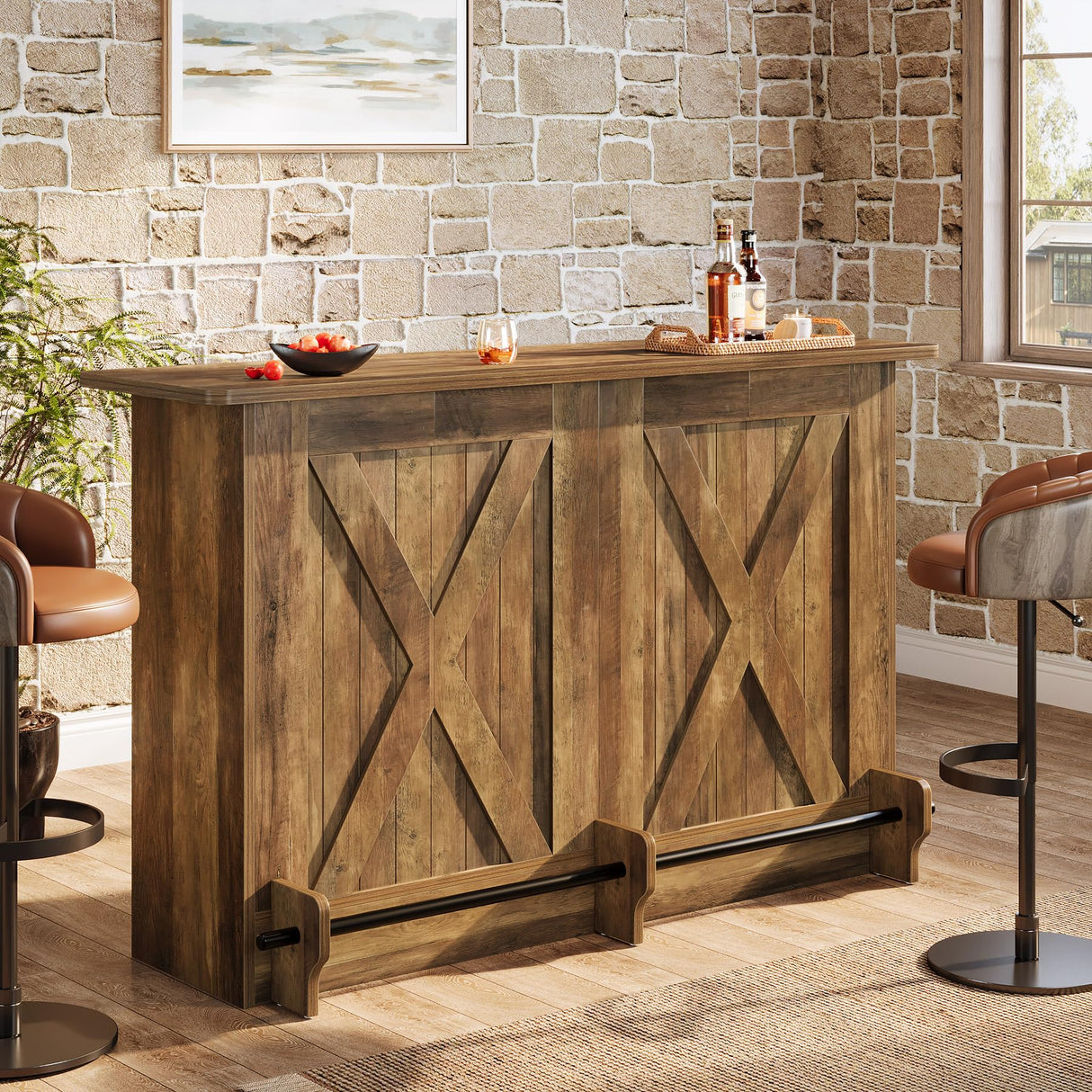 Tribesigns 63-Inch Bar Table, 2-Tier Bar Cabinet Height Pub Table with Footrest, Modern Coffee Cabinet for Home Kitchen, Large Home Unit Liquor Furniture, Bistro, Dining Room, Living Room, Brown Tribesigns