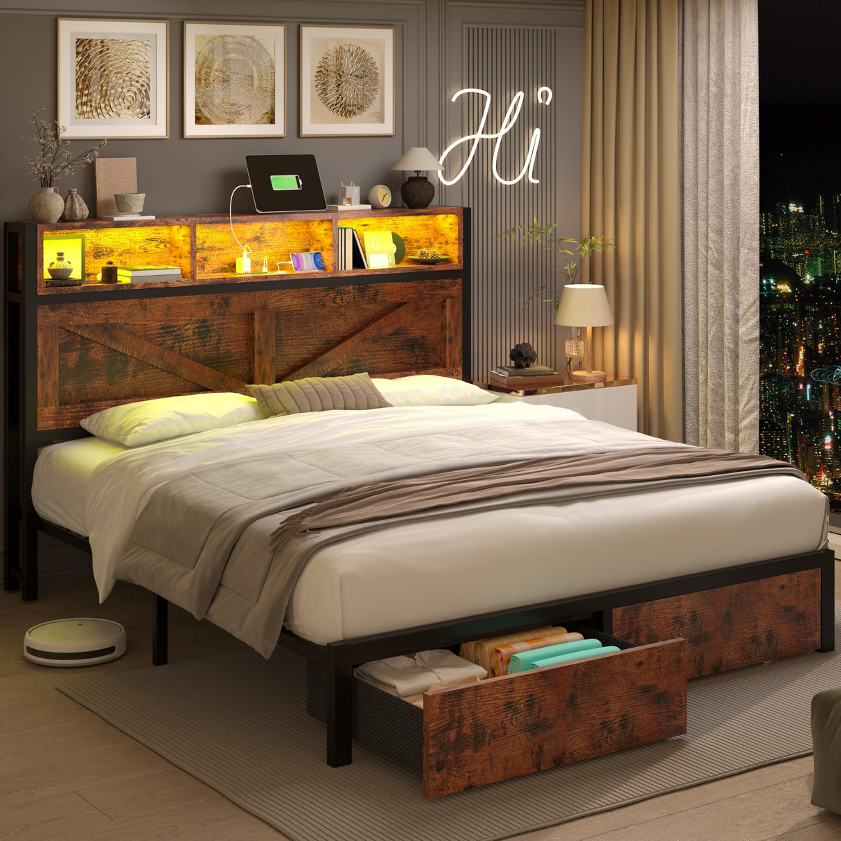 Farmhouse Queen Bed Frame with Bookcase Headboard and Storage Drawers, LED Lights and Charging Station, No Box Spring Needed, Noise Free, Rustic Brown Fastroby