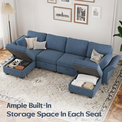 SOMEET Modular Sectional Sofa Couch with Storage, U Shaped Sectional Couches for Living Room with Chaise, 6 Seats Convertible Modular Sofa Couch High Supportive with Adjustable Backrest 112", Blue