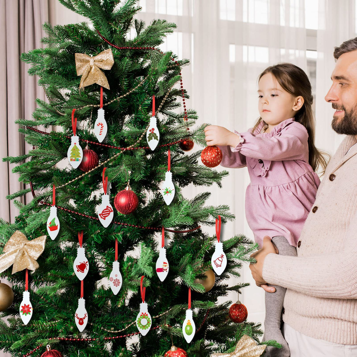 Jetec 20 Pcs Light Bulb Sublimation Ornament Blank MDF Double Sided Christmas Sublimation Christmas Hanging Ornaments with Red Rope for Christmas Crafts DIY Decoration Jetec