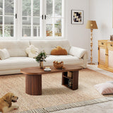 Oval Fluted Coffee Table, 47" Farmhouse Wood Coffee Table Mid Century Modern Center Table Boho Living Room Tables for Living Room Office,Walnut RUSTYER