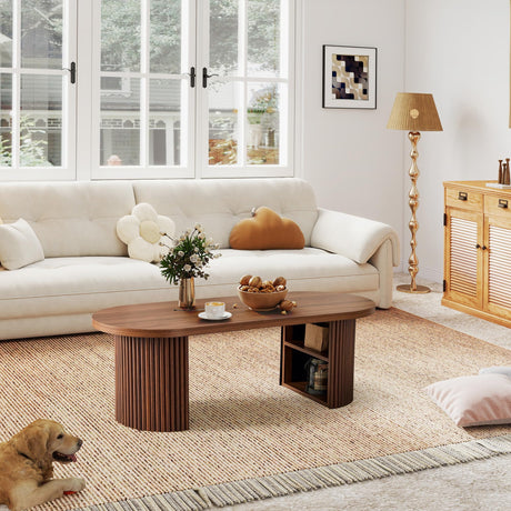Oval Fluted Coffee Table, 47" Farmhouse Wood Coffee Table Mid Century Modern Center Table Boho Living Room Tables for Living Room Office,Walnut RUSTYER