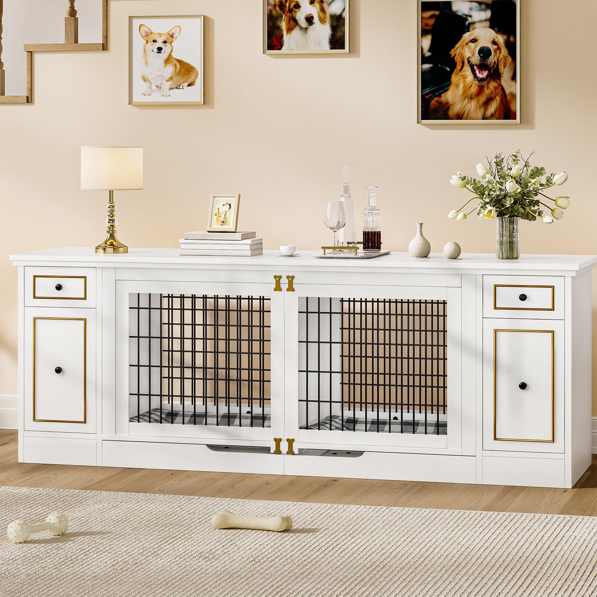 YITAHOME Double Dog Kennel Furniture with Tray, 79" Dog Crate Table with Storage for 2 Small/Medium Dogs, Indoor Wooden Dog House TV Stand, White YITAHOME