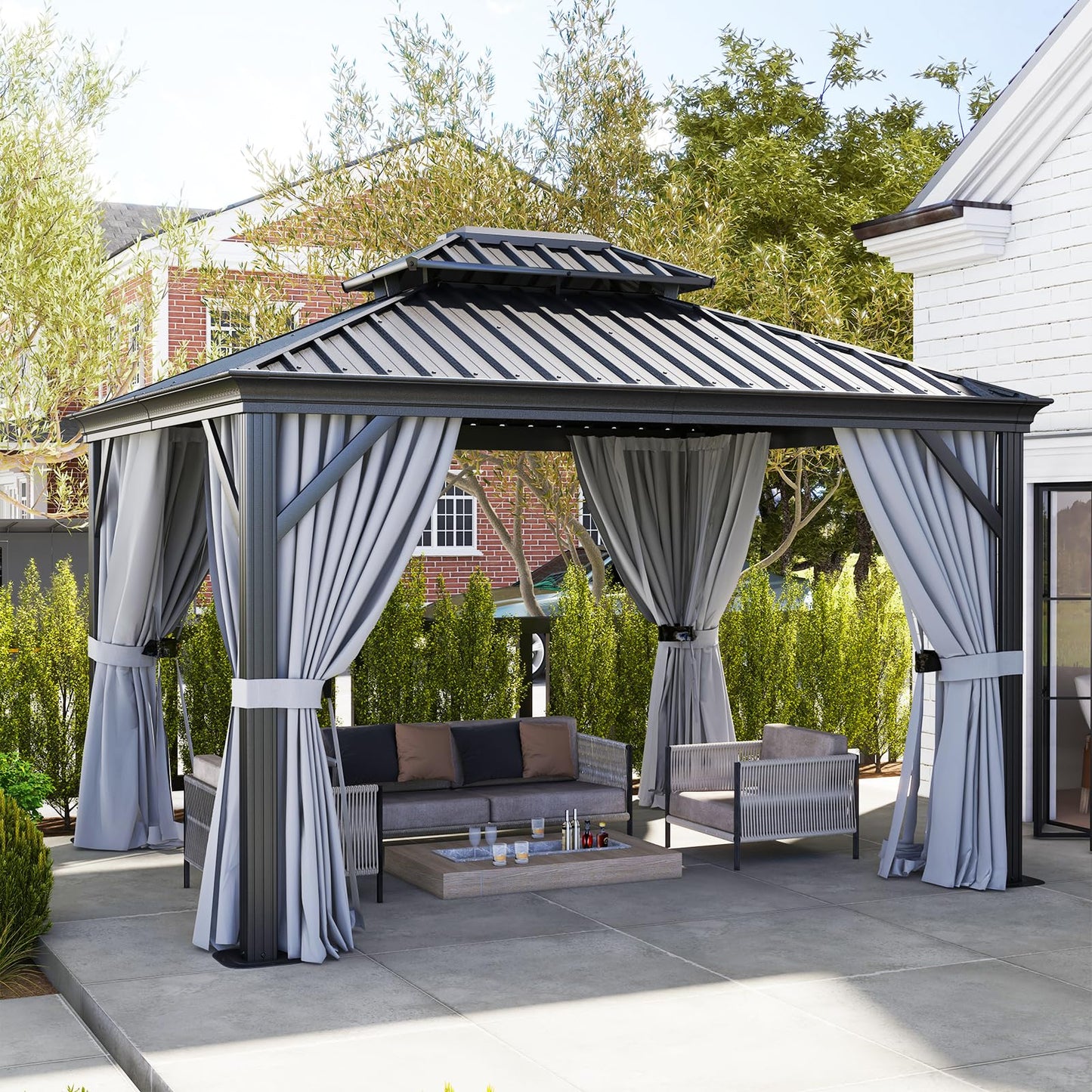 Aoxun 10' x 12' Hardtop Gazebo, Galvanized Steel Dual-Layer Roof, Permanent Aluminum Gazebo, Outdoor Metal Pergolas with Curtains and Netting, for Lawns, Parties, Gardens, Decks, Patios