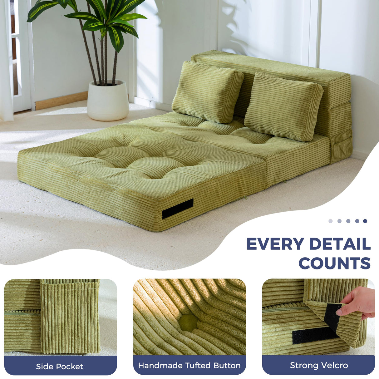 MAXYOYO Convertible Sofa Bed, Fold Out Loveseat Sleeper Sofa with Pillow, 4 in 1 Tufted Folding Couch Bed Foam Floor Couch, Lazy Chair for Living Room Bedroom Guest Room, Green MAXYOYO