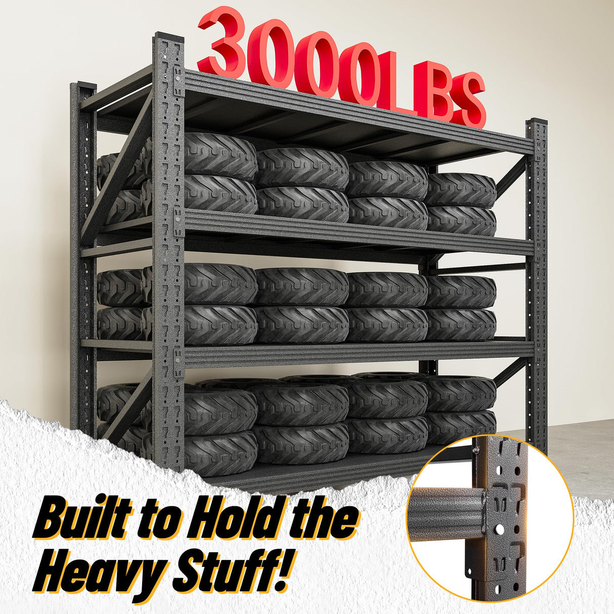 48" Wide Garage Shelving Heavy Duty 4-Tier Adjustable Storage Shelves Unit,3000 LBS Metal Utility Rack Shelf for Industries, Warehouses, Basement,Black (48" W x 24" D x 70" H) heycode