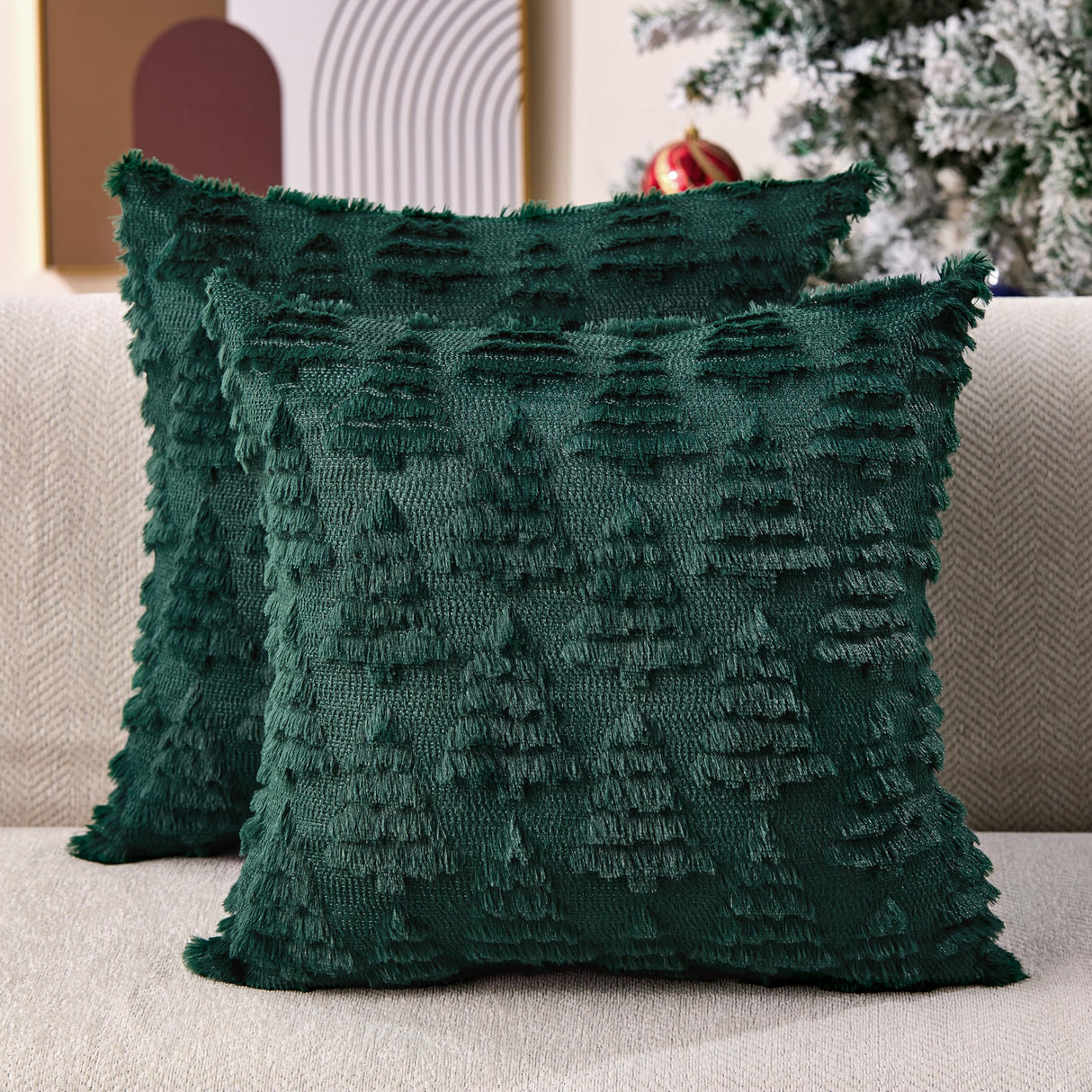 Allorry Christmas Pillow Covers 18 x 18 Set of 2 Xmas Decorations Dark Green Christmas Tree Pillow Cases Plush Faux Fur Soft Cushion Case for Winter Xmas Holiday Home Bedroom Sofa Decors SY-003-A18 Allorry