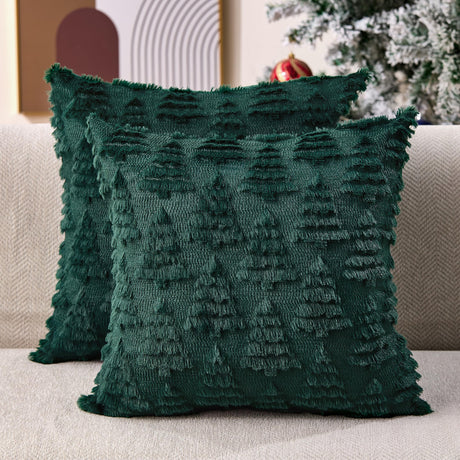 Allorry Christmas Pillow Covers 18 x 18 Set of 2 Xmas Decorations Dark Green Christmas Tree Pillow Cases Plush Faux Fur Soft Cushion Case for Winter Xmas Holiday Home Bedroom Sofa Decors SY-003-A18 Allorry