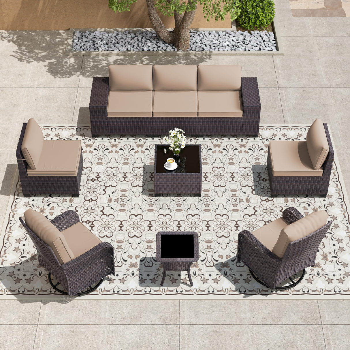 Kullavik 9 Pieces Outdoor Patio Furniture Set,PE Wicker Rattan Sectional Sofa Patio Conversation Sets,Swivel Rocking Chairs Set,Sand Kullavik