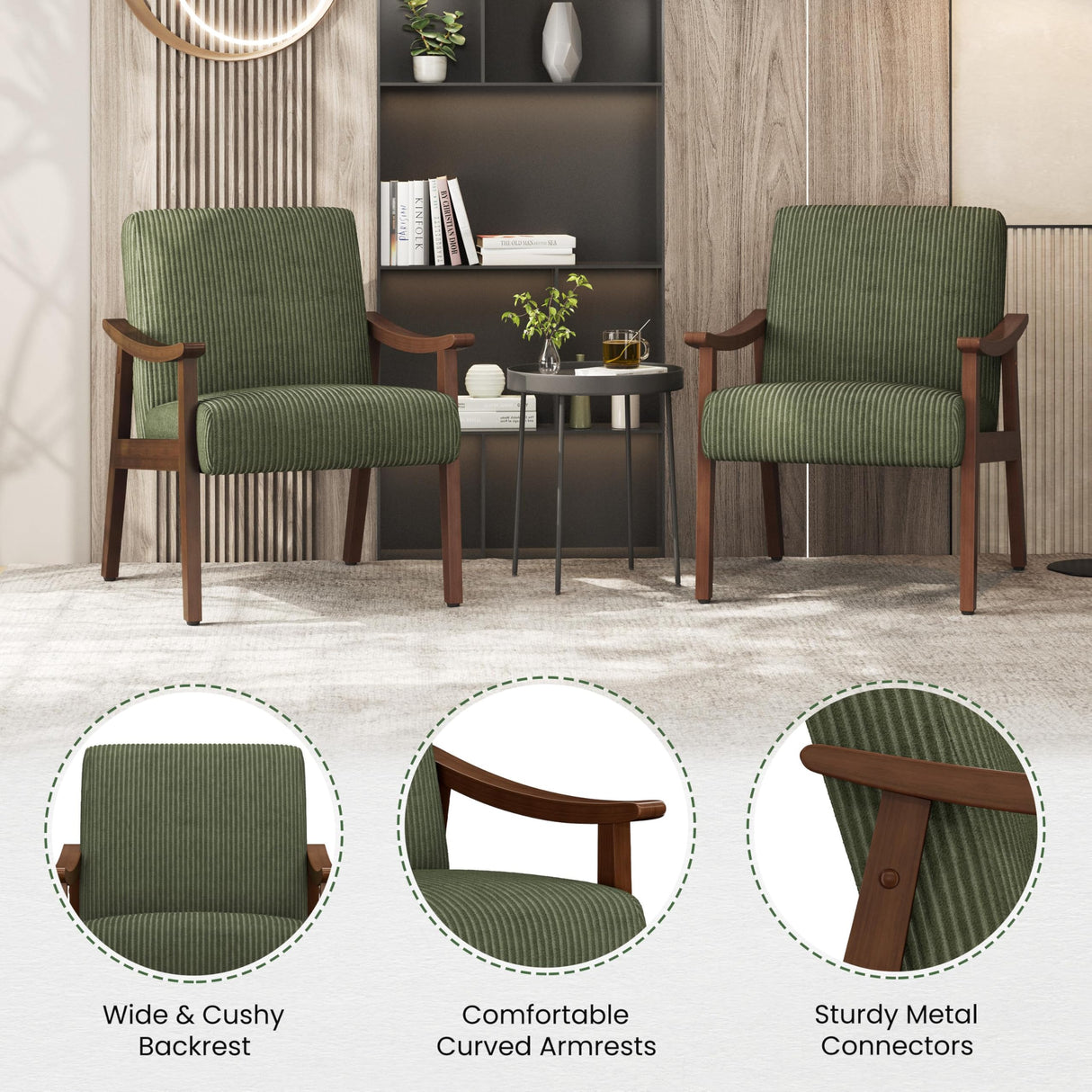 Yaheetech Corduroy Accent Chair, Mid-Century Modern Armchair with Solid Wood Legs, Reading Leisure Chair with High Back for Living Room Bedroom Waiting Room Dark Green Yaheetech