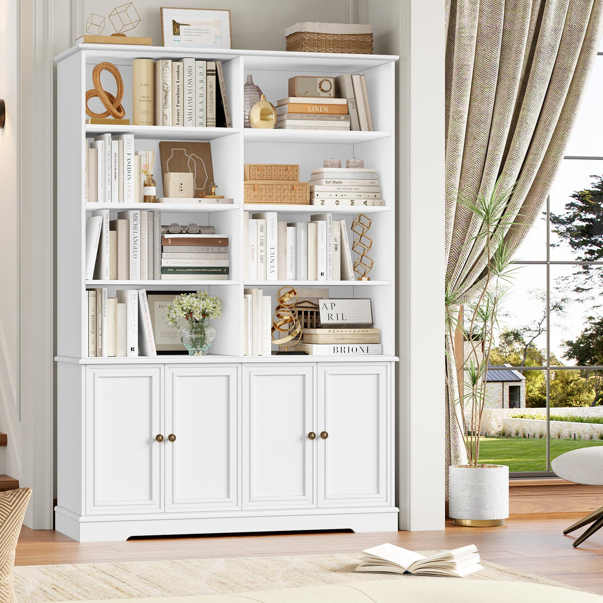 FINETONES 73" Tall Bookshelf with Doors, 6-Tier White Bookshelf Double Wide Bookcases and Bookshelves with Storage, Tall Book Shelf Large Bookcase Standing Book Cabinet for Home Office FINETONES