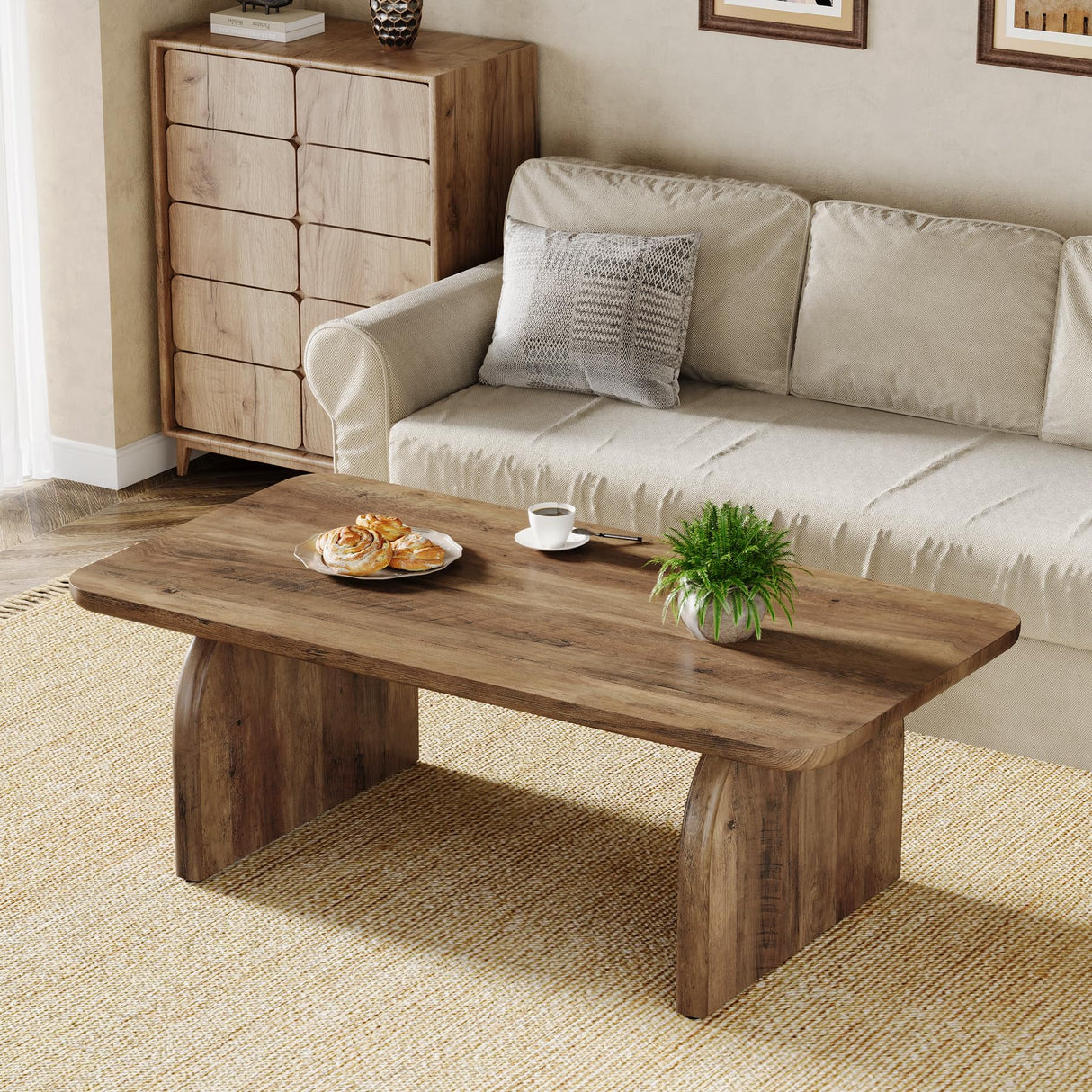 Tribesigns Rectangle Coffee Table, 47-Inch Wood Rectangular Living Room Table, Farmhouse Accent Center Table Low Cocktail Tea Table with Sturdy Base & Rounded Corners, Easy Assembly, Rustic Brown Tribesigns
