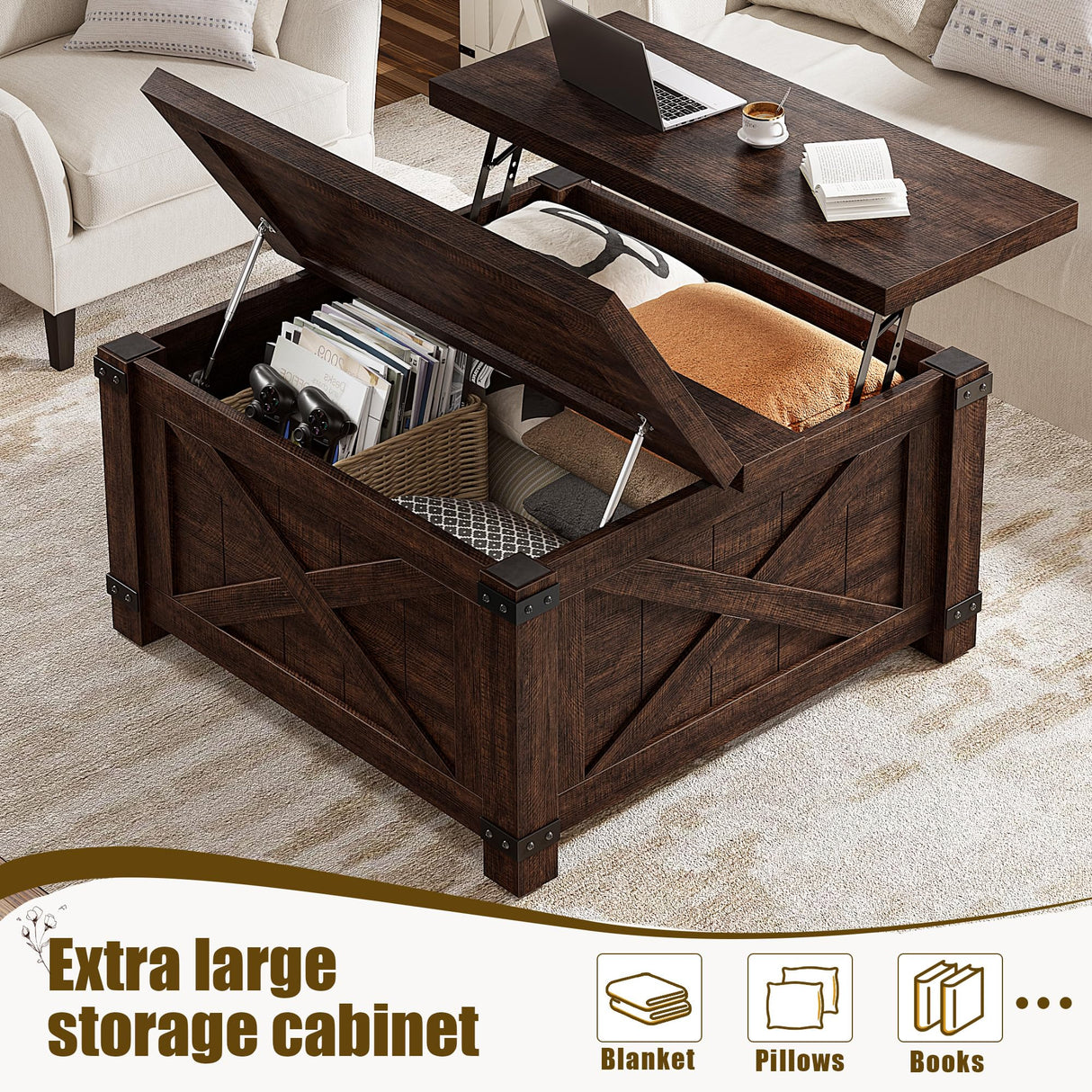 EnHomee 35.7" W Farmhouse Coffee Table with Storage, Large Square Coffee Table for Living Room, Wood Coffee Table with Flip-Top Lids, Coffee Tables with Hinged Lift Top, Brown EnHomee