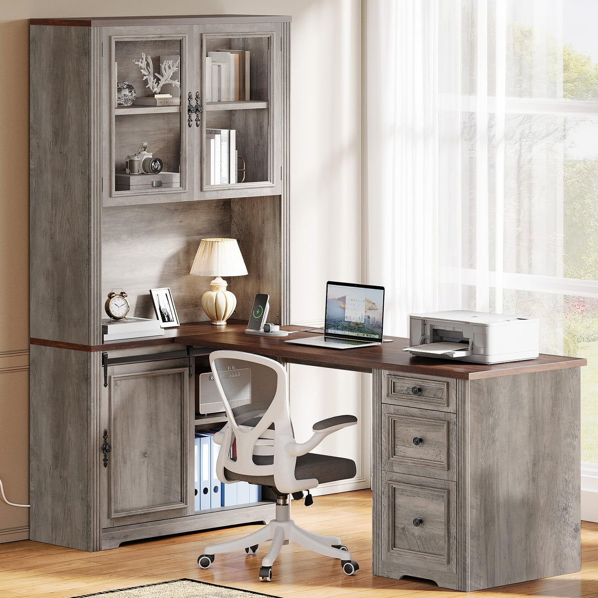 YITAHOME L Shaped Executive Desk with Hutch and Drawers, Farmhouse Home Office Desk with Power Outlet, Wood Corner Computer Desk with Sliding Door, Storage Cabinet with Glass Door, Grey & Walnut YITAHOME