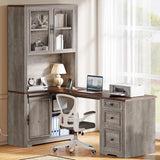 YITAHOME L Shaped Executive Desk with Hutch and Drawers, Farmhouse Home Office Desk with Power Outlet, Wood Corner Computer Desk with Sliding Door, Storage Cabinet with Glass Door, Grey & Walnut YITAHOME