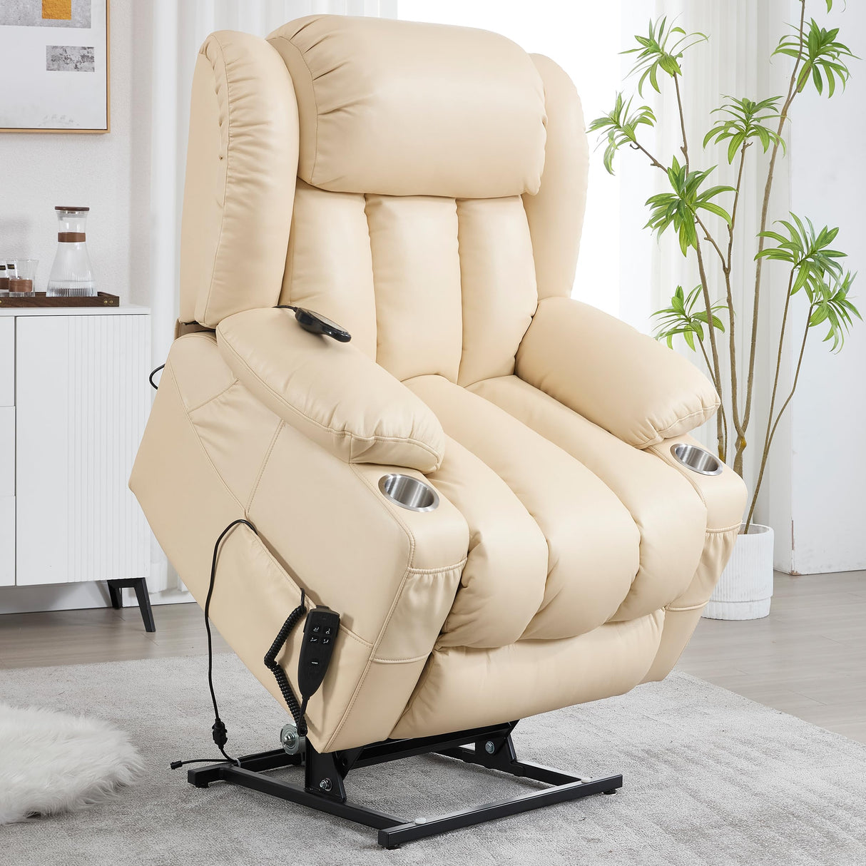 EZZUP Electric Lay Flat Recliner Chair with Vibration Massage Heat for Elderly People, Power Lift Chair with Dual Motor Cup Holders, Faux Leather Beige EZZUP