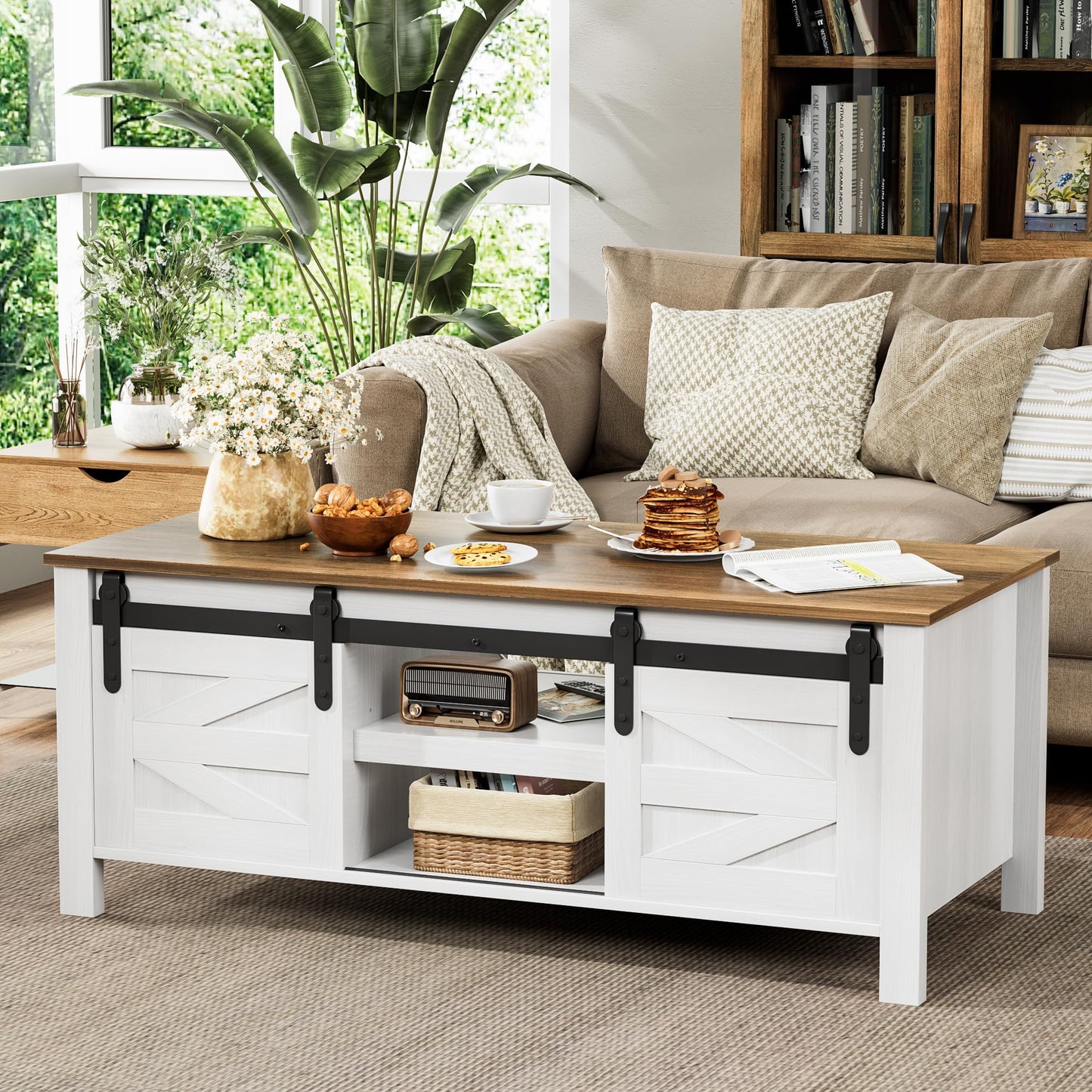 JUMMICO Farmhouse Coffee Table with Storage & Sliding Barn Doors, Modern Rustic Living Room Table with Adjustable Shelves, Wooden Rustic Center Table for Living Room (Antique White)