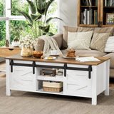JUMMICO Farmhouse Coffee Table with Storage & Sliding Barn Doors, Modern Rustic Living Room Table with Adjustable Shelves, Wooden Rustic Center Table for Living Room (Antique White) JUMMICO