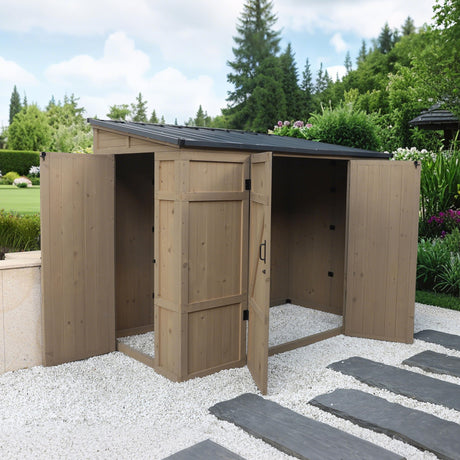 Yardenaler 4x8 FT Wooden Outdoor Storage Shed, Garden Tool Shed Kit with 3 Lockable Doors, Waterproof Metal Slopping Roof for Patio Utility Tools Bicycles Storage for Garden, Patio, Backyard Yardenaler