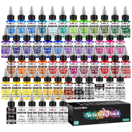 FansArriche Airbrush Paint, 48 Colors with 4 Thinner and 2 Primer, Water-Based Metallic & Neon & Iridescent Acrylic Air Brush Painting Set, 30 ml/Bottle FansArriche